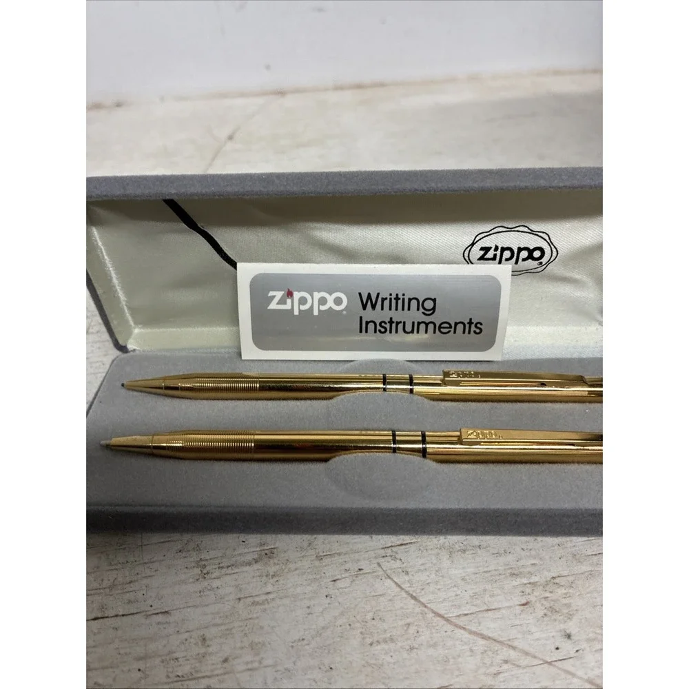 Vtg Zippo Pen and Pencil Set Gold Tone In Case Both Still Work